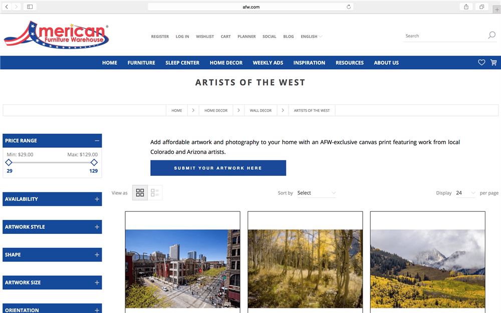 Screenshot of Artists of the West page on afw.com