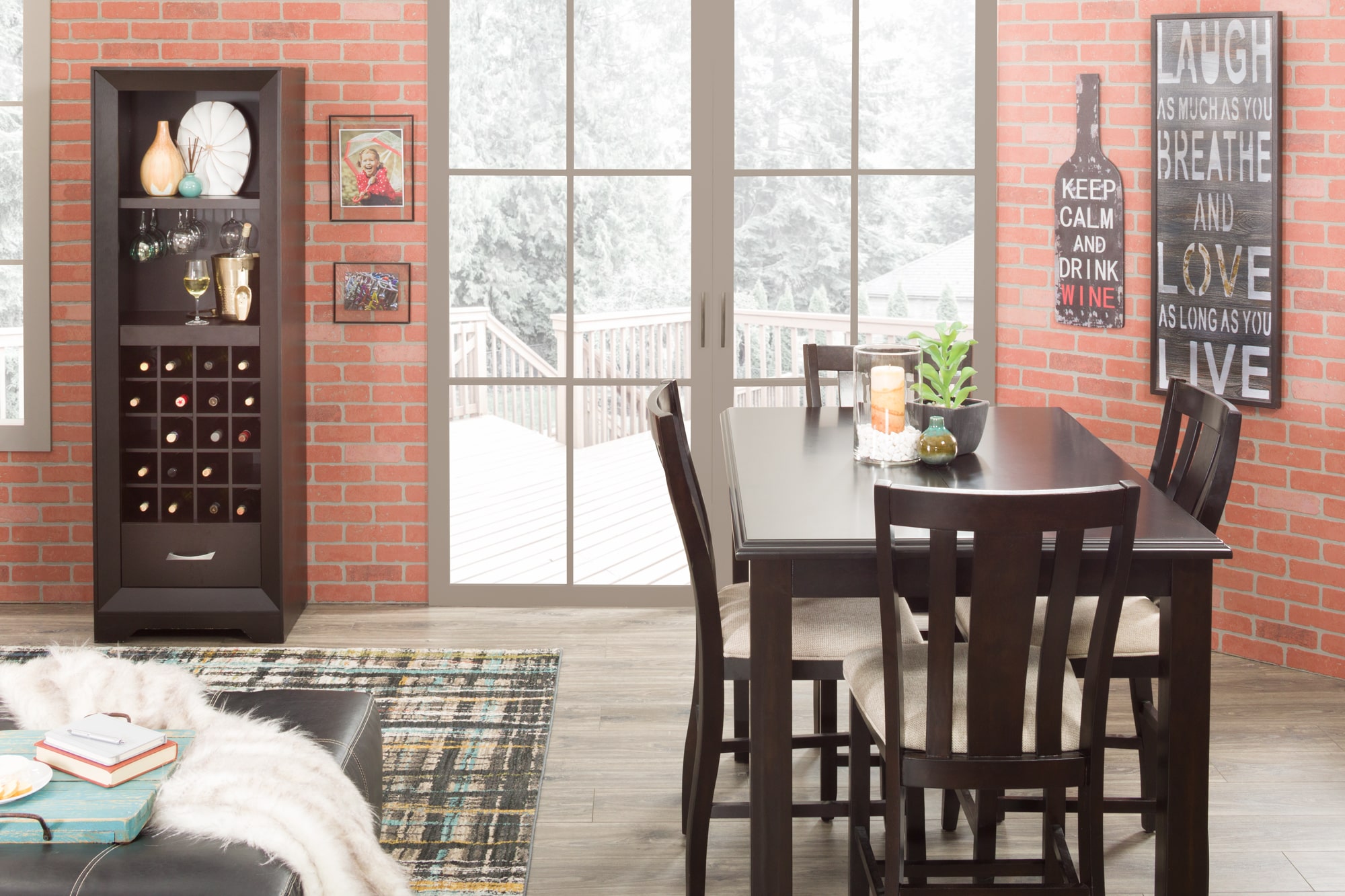 A space with a wine pier and a counter height table